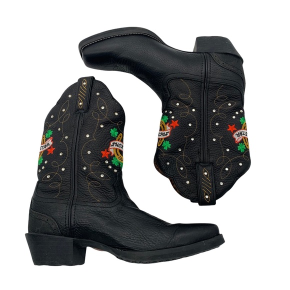 Tony Lama Black Leather Lucky Star Embroidered Square Toe Cowgirl Boot Size 7.5 - Picture 5 of 9